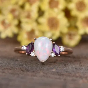 0.75ct Pear Shaped Natural Australia Opal Engagement Ring Amethyst Diamond Cluster Decor