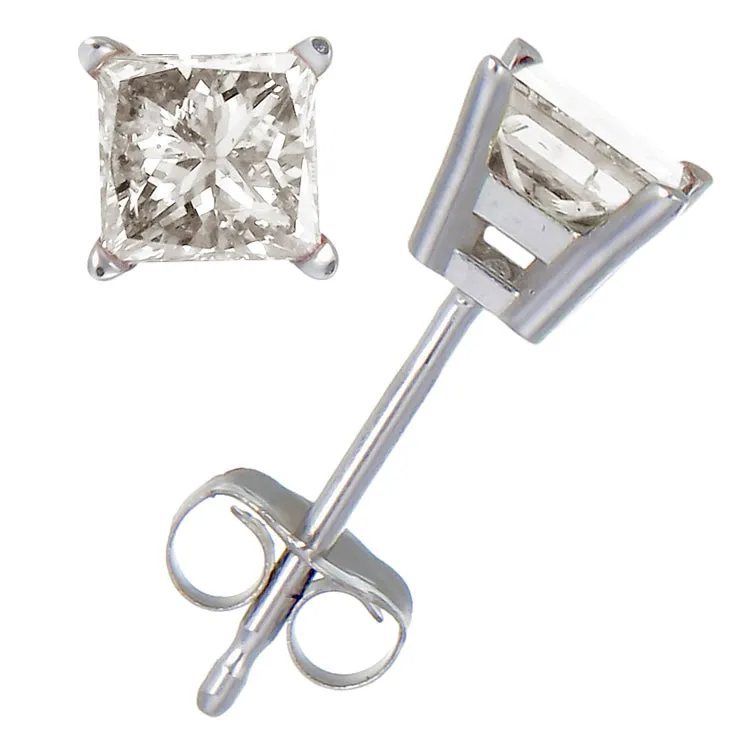 1/2 cttw Princess Cut Diamond Stud Earrings 14K White Gold 4 Prong with Push Backs