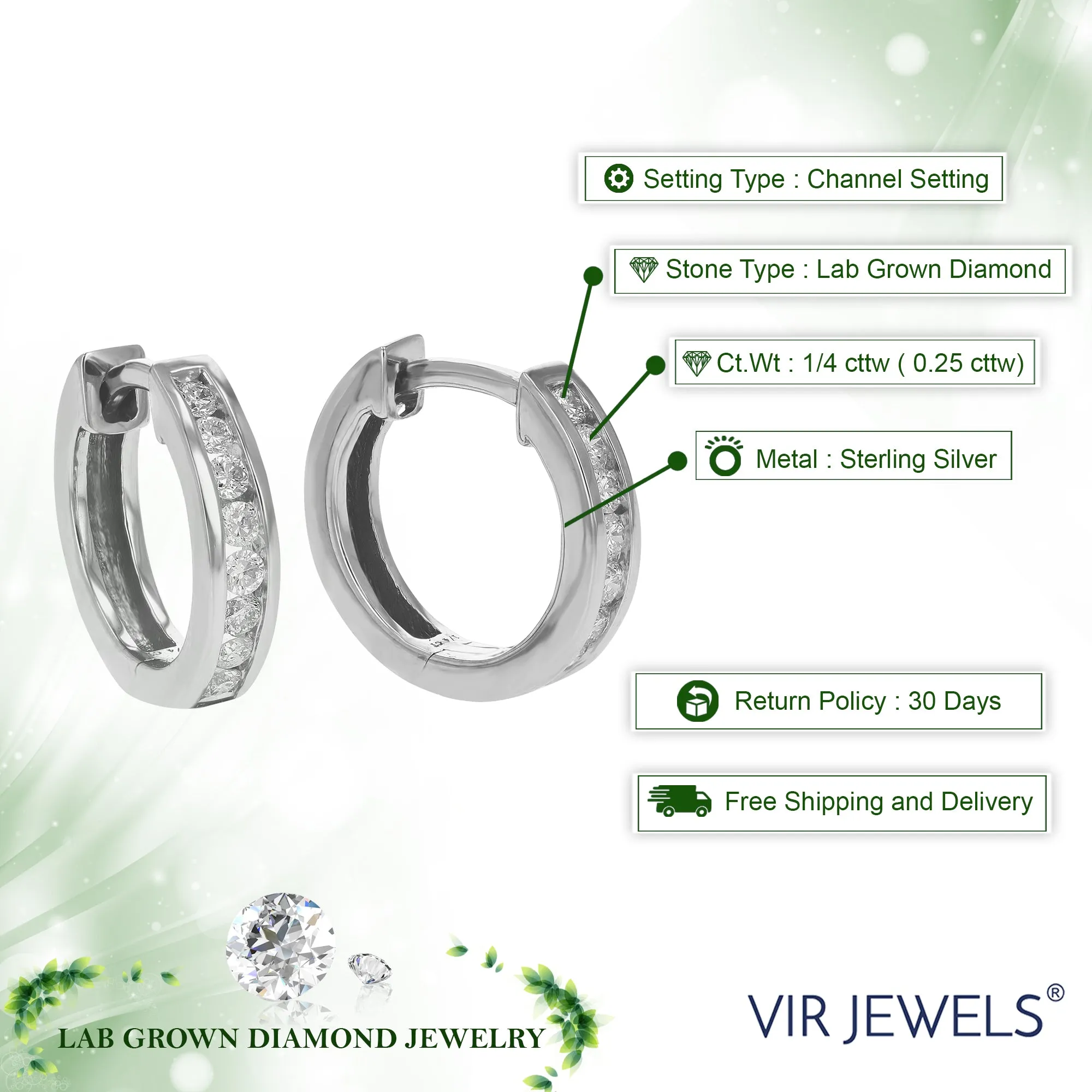 1/4 cttw Round Cut Lab Grown Diamond Hoop Earrings in .925 Sterling Silver Channel Set 1/2 Inch