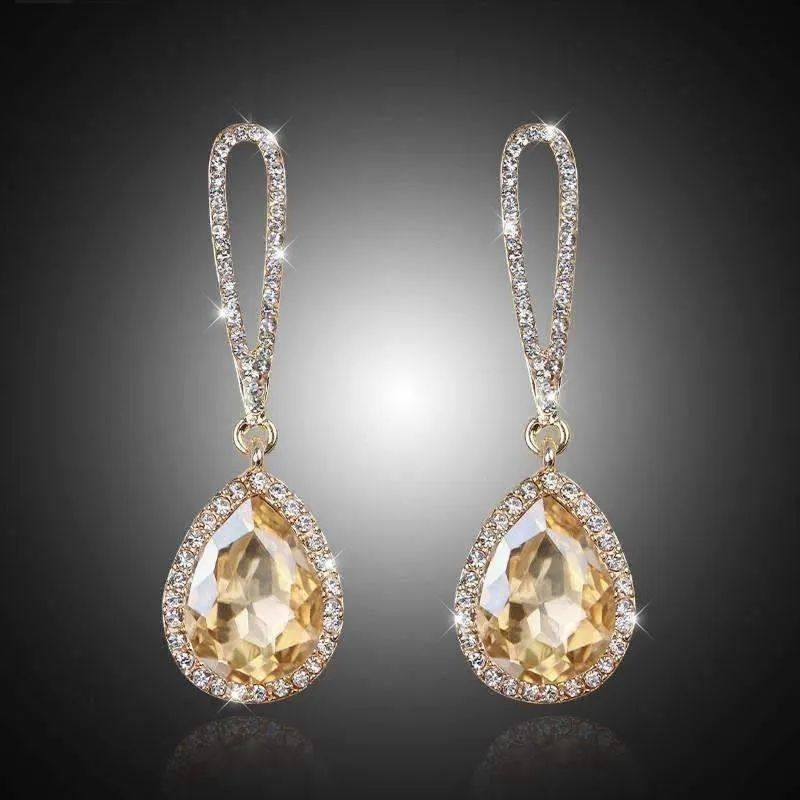 14K Gold Plated Evening Splendor Austrian Crystal Drop Earrings for Woman in Three Elegant Colors Everyday Wear or Holiday Birthday Gift