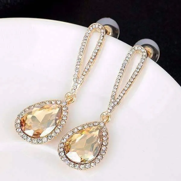 14K Gold Plated Evening Splendor Austrian Crystal Drop Earrings for Woman in Three Elegant Colors Everyday Wear or Holiday Birthday Gift