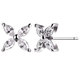 14K White Gold Plated Four Petals Austrian Crystal Flower Delicate Stud Earrings for Women or Girls