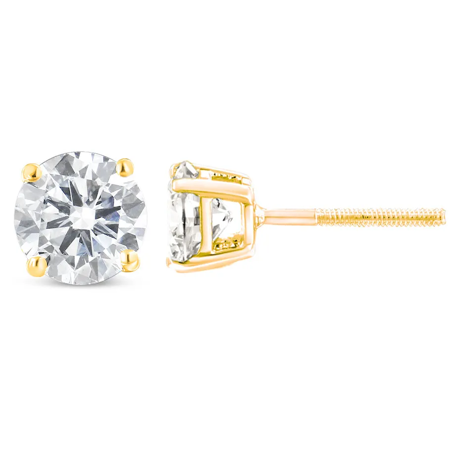 14K Yellow Gold 1-1/2 Cttw Round Brilliant-Cut Near Colorless Diamond Classic 4-Prong Stud Earrings with Screw Backs