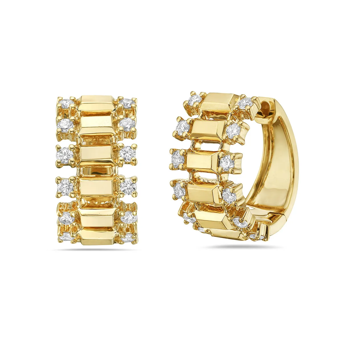 14K Yellow Gold Diamond Bar Huggie Earrings