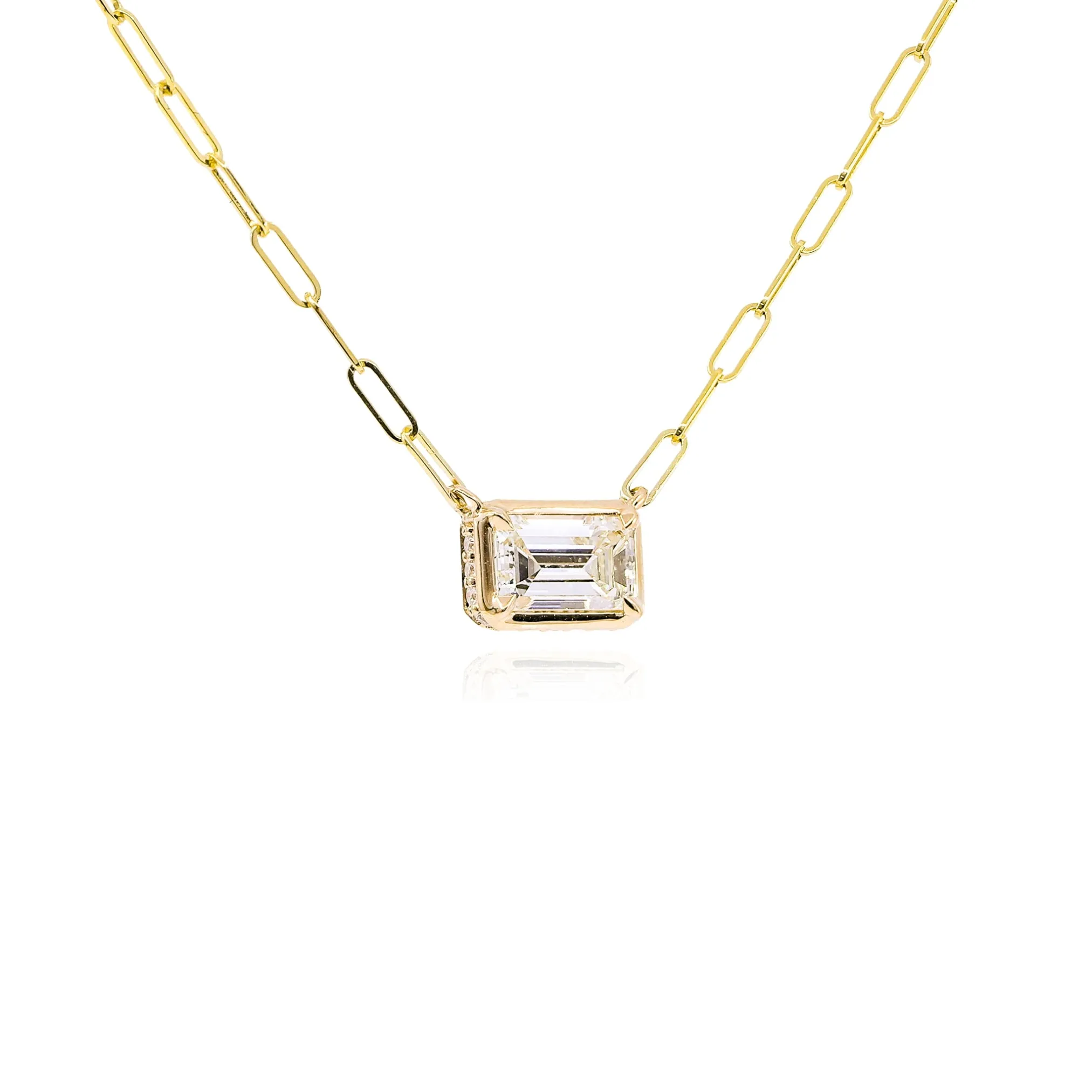 14K YELLOW GOLD EMERALD-CUT DIAMOND SOLITAIRE PENDANT NECKLACE WITH HALO - 0.84CTW