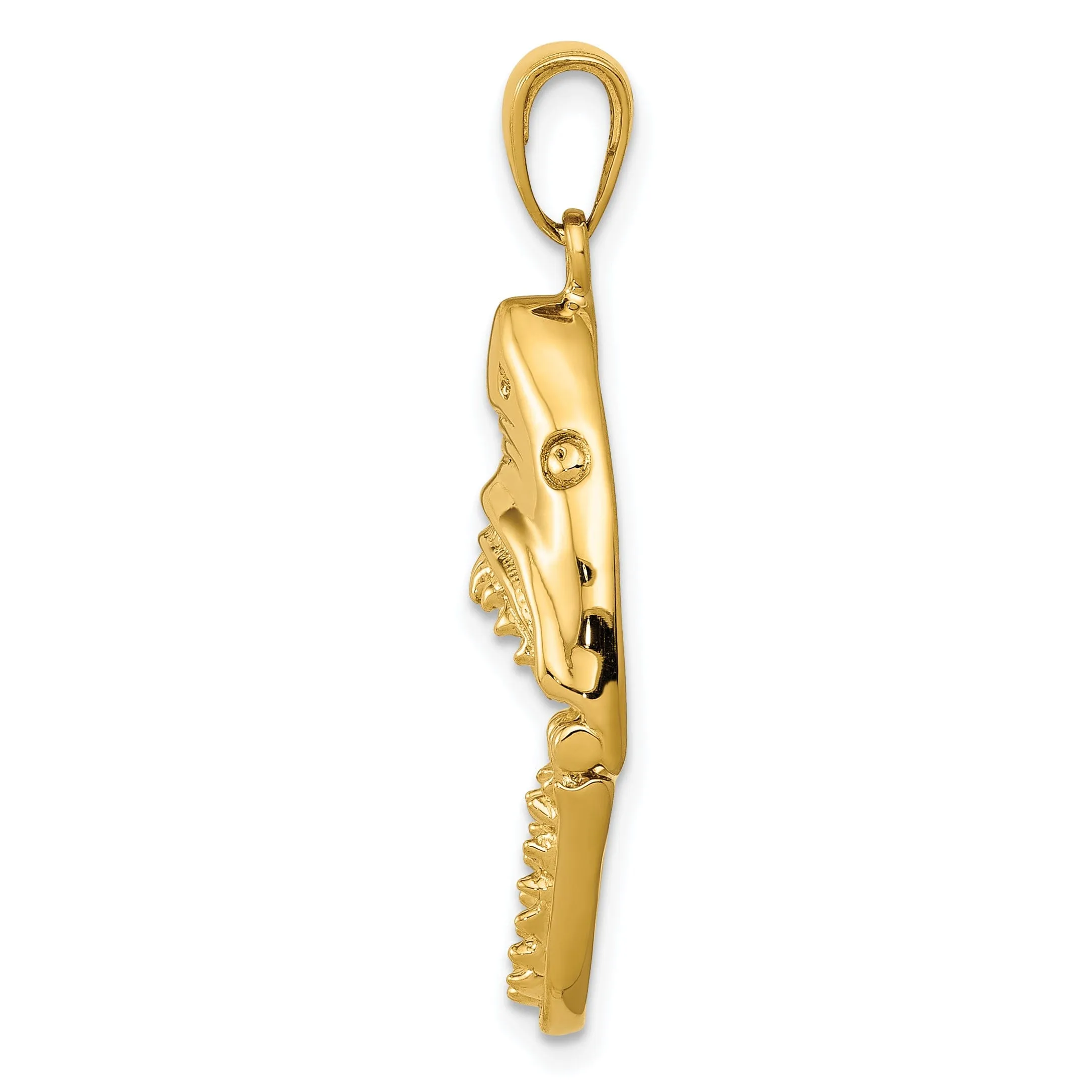 14K Yellow Gold Polished Finish 2-Dimensional Jaws Shark Head Mouth Open Design Charm Pendant