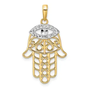 14k Yellow Gold Solid Polished D.C Finish Hamsa with Evil Eye Pendant