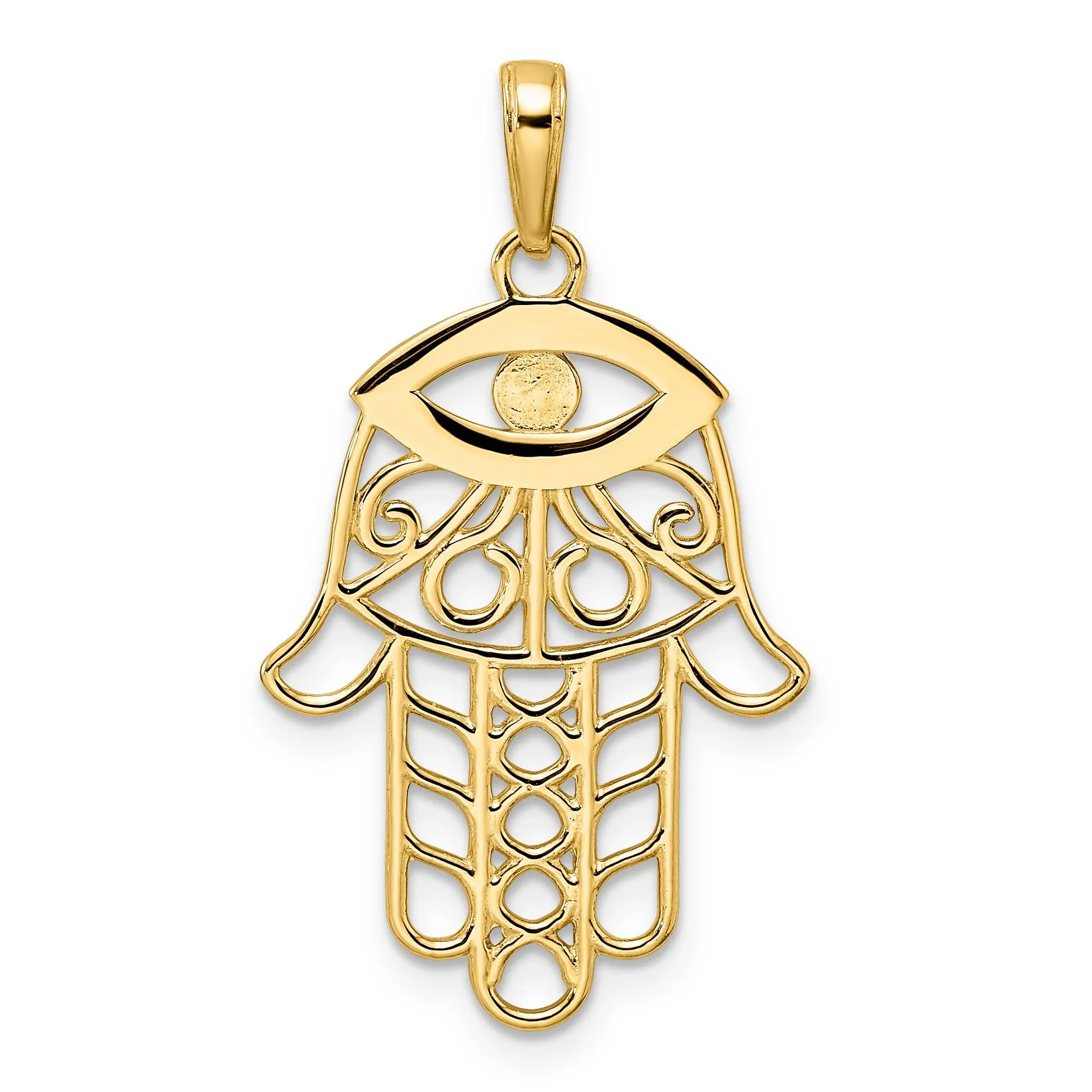 14k Yellow Gold Solid Polished D.C Finish Hamsa with Evil Eye Pendant