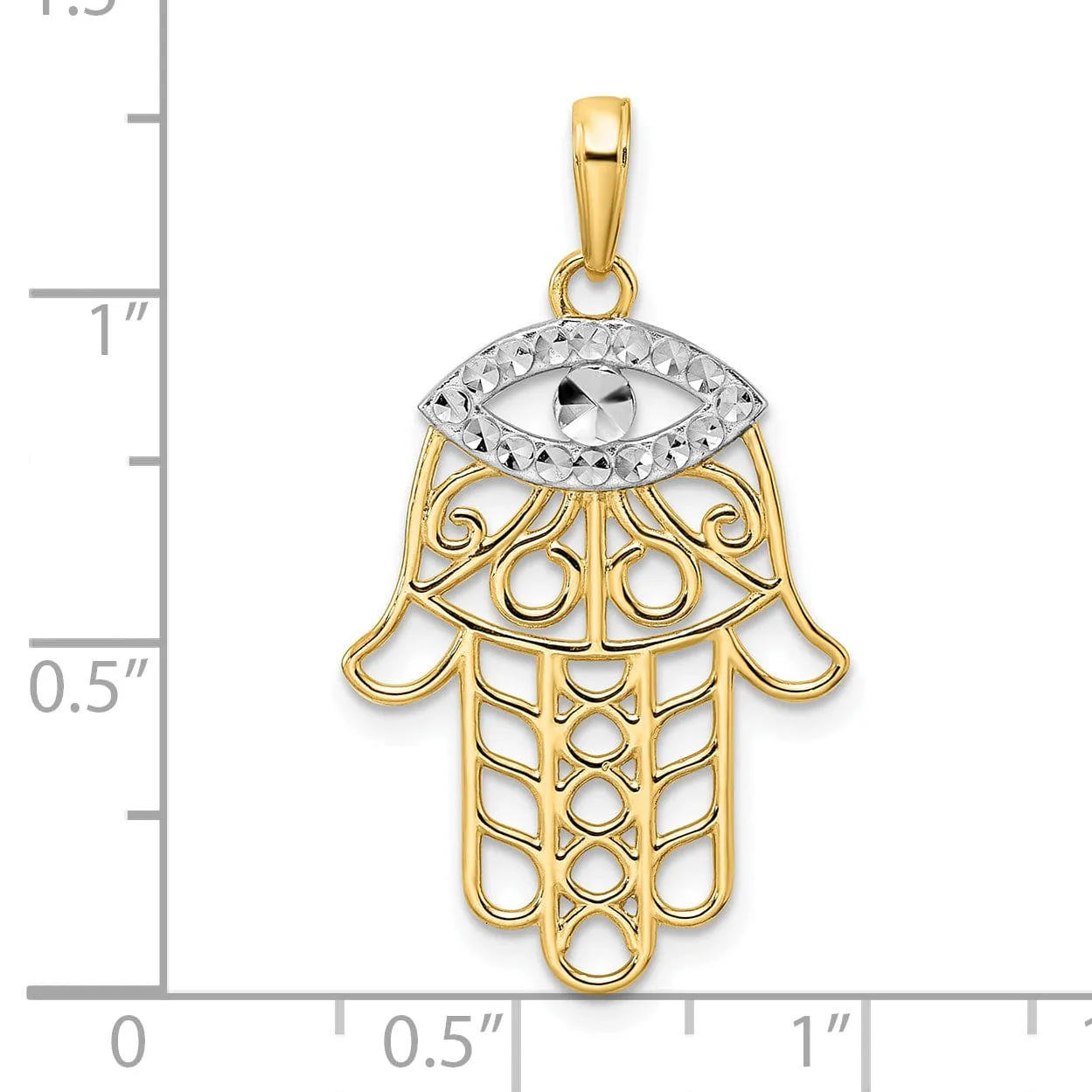 14k Yellow Gold Solid Polished D.C Finish Hamsa with Evil Eye Pendant