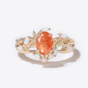 1.5ct Oval Sunstone Engagement Ring Gold Leaf Vine Opal Wedding Ring