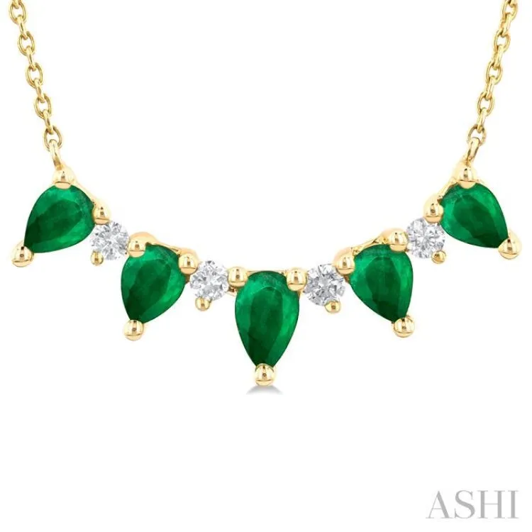 1/8 ctw Pear Cut 5X3 and 4X3MM Precious Emerald & Round Cut Diamond Necklace in 14K Yellow Gold