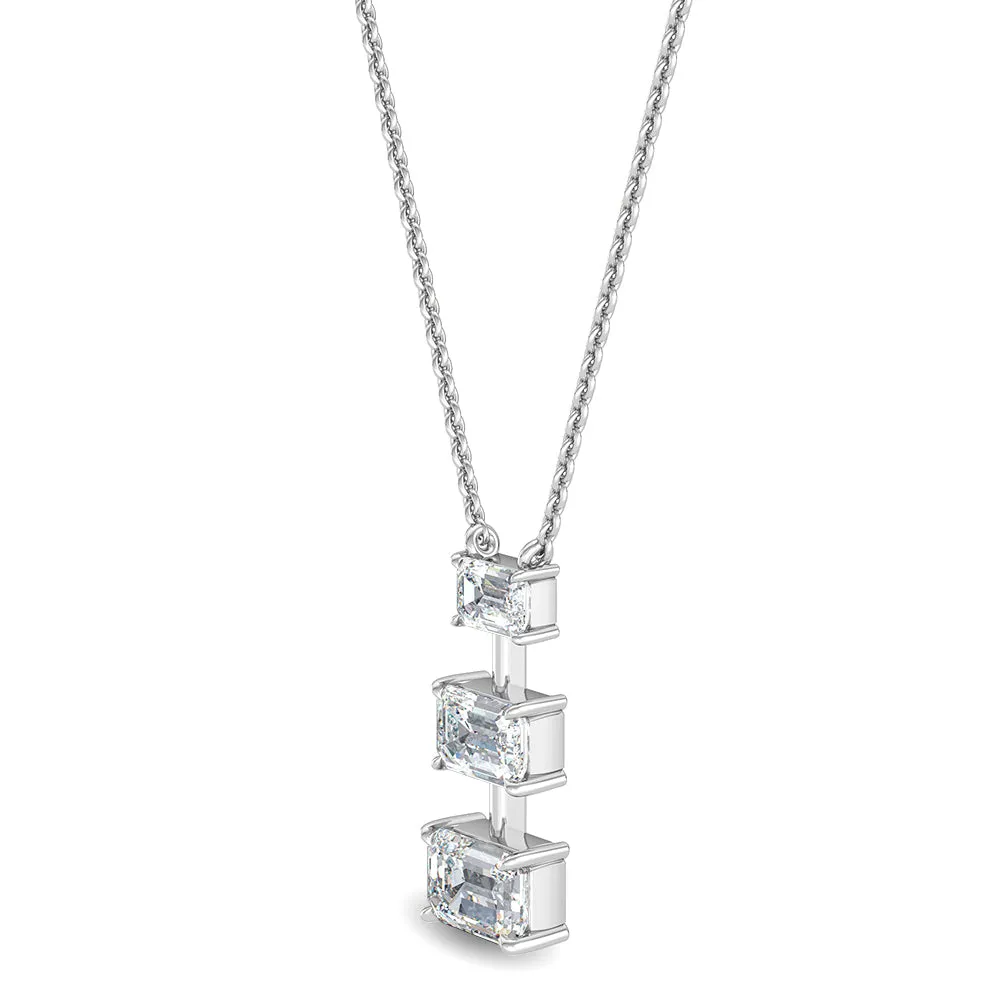 18ct White Gold 3 Emerald Cut Diamond Drop Pendant Necklace