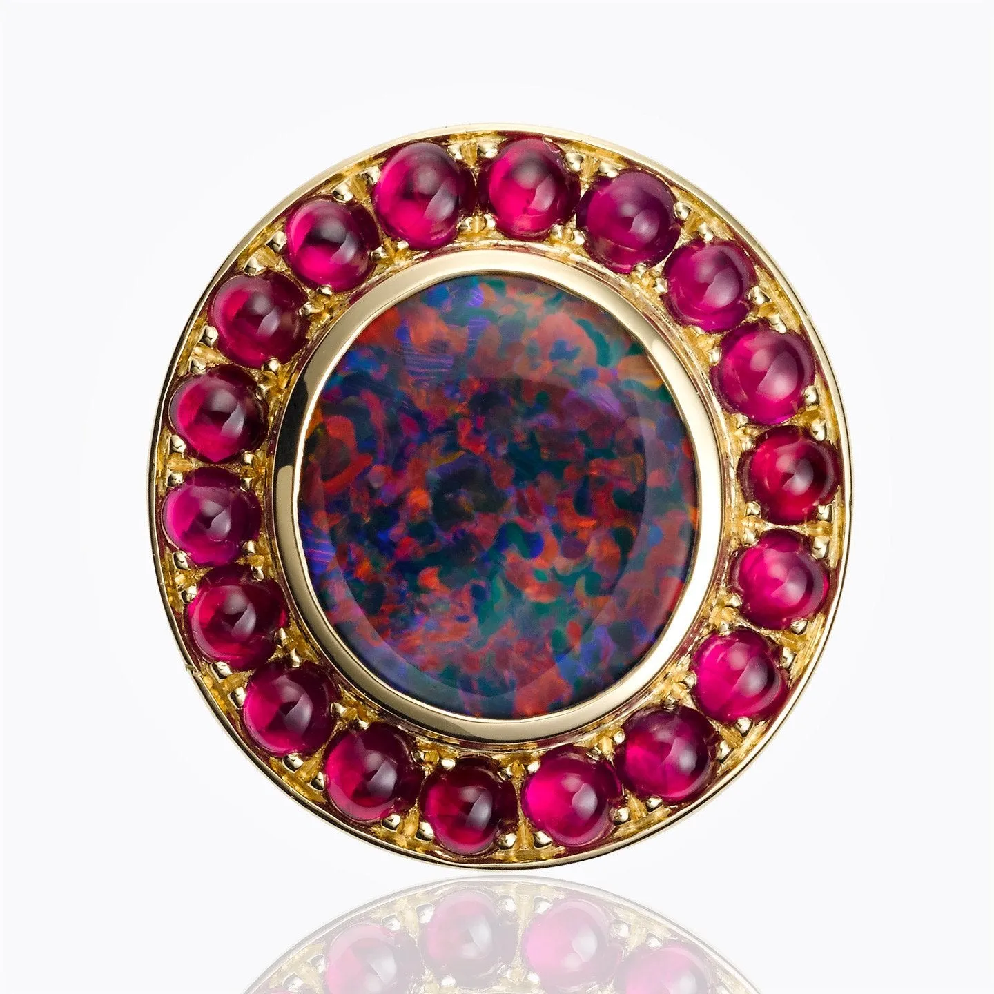 18K Halo Ring with Lightening Ridge black opal and ruby