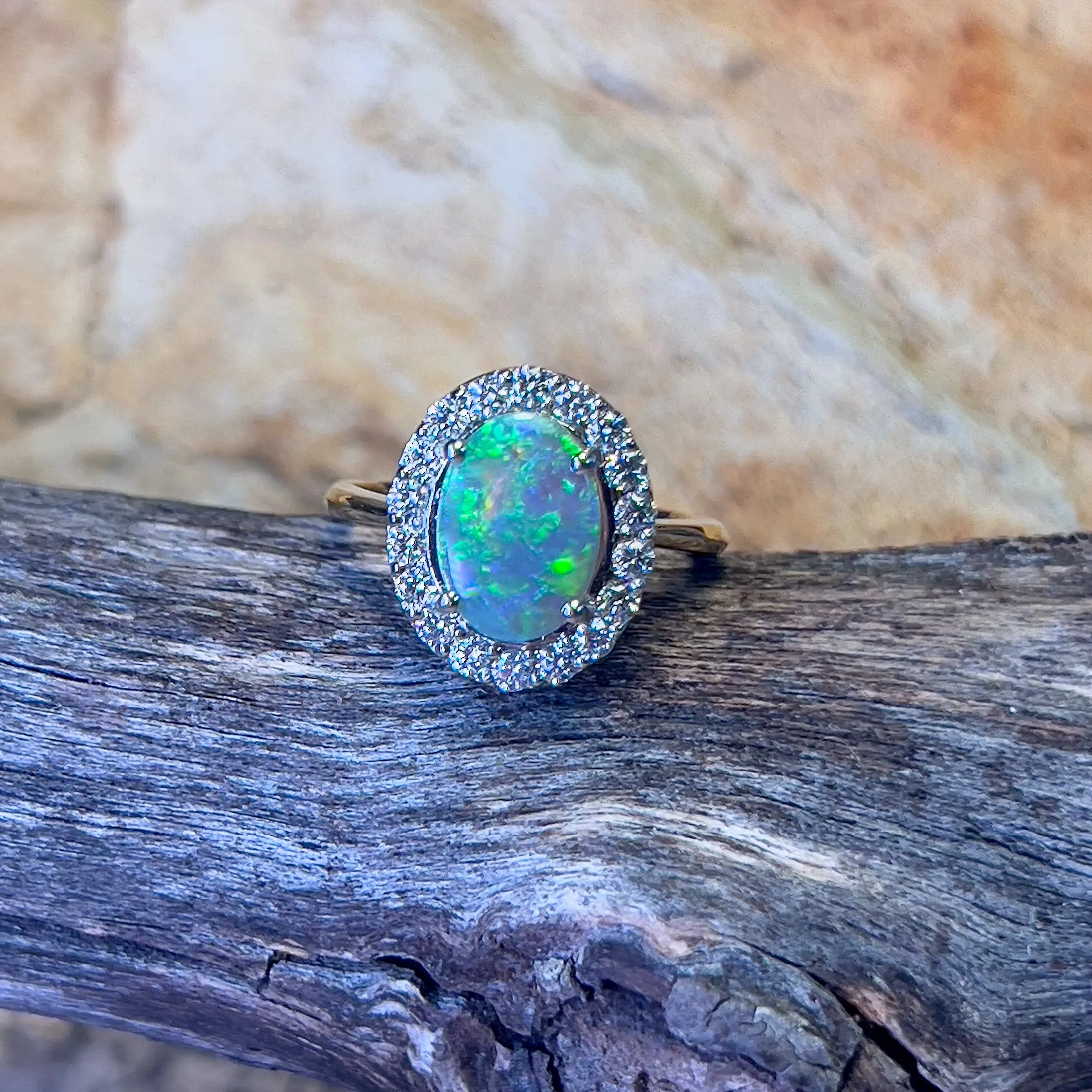 18kt Yellow Gold and Platinum Black Opal diamond cluster ring