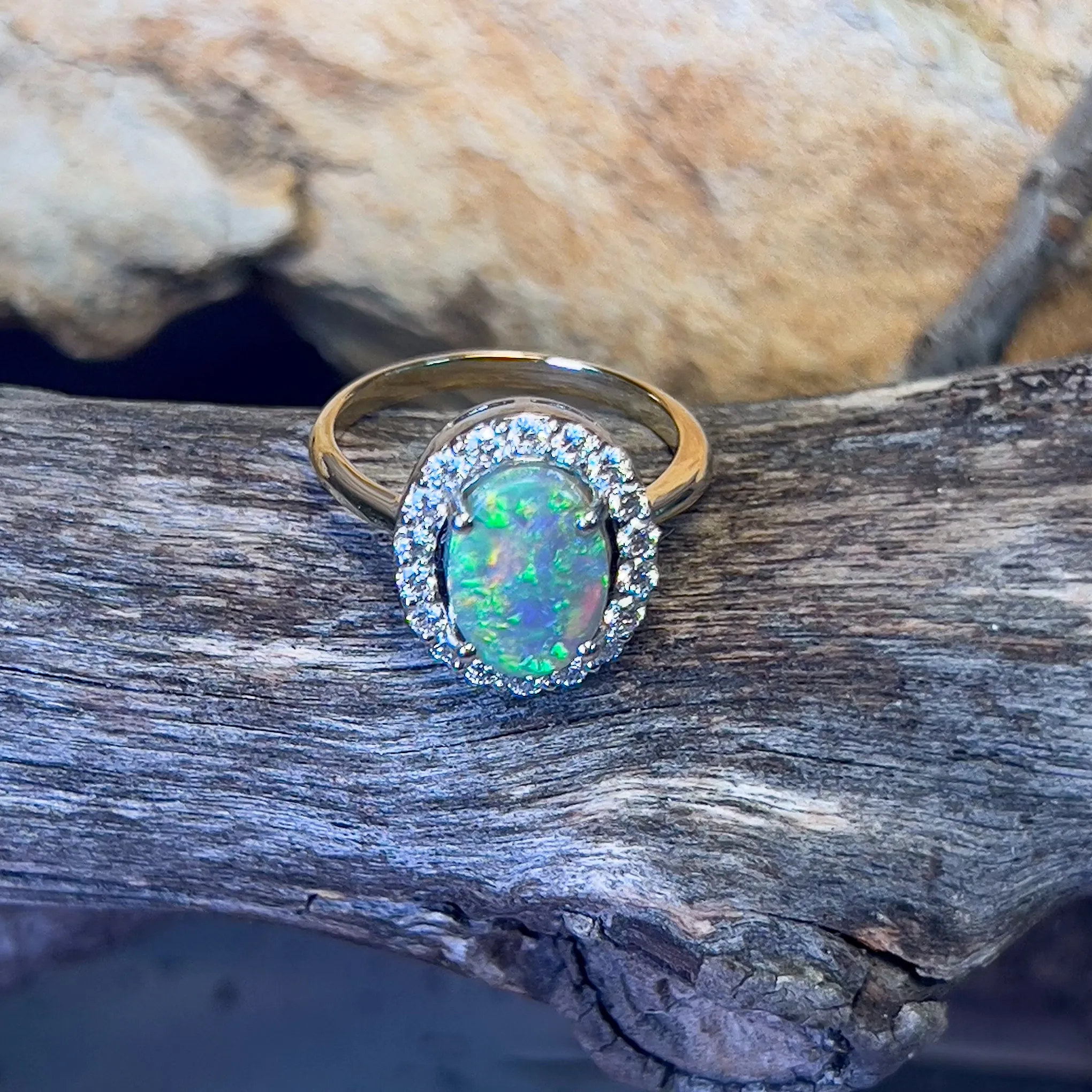 18kt Yellow Gold and Platinum Black Opal diamond cluster ring