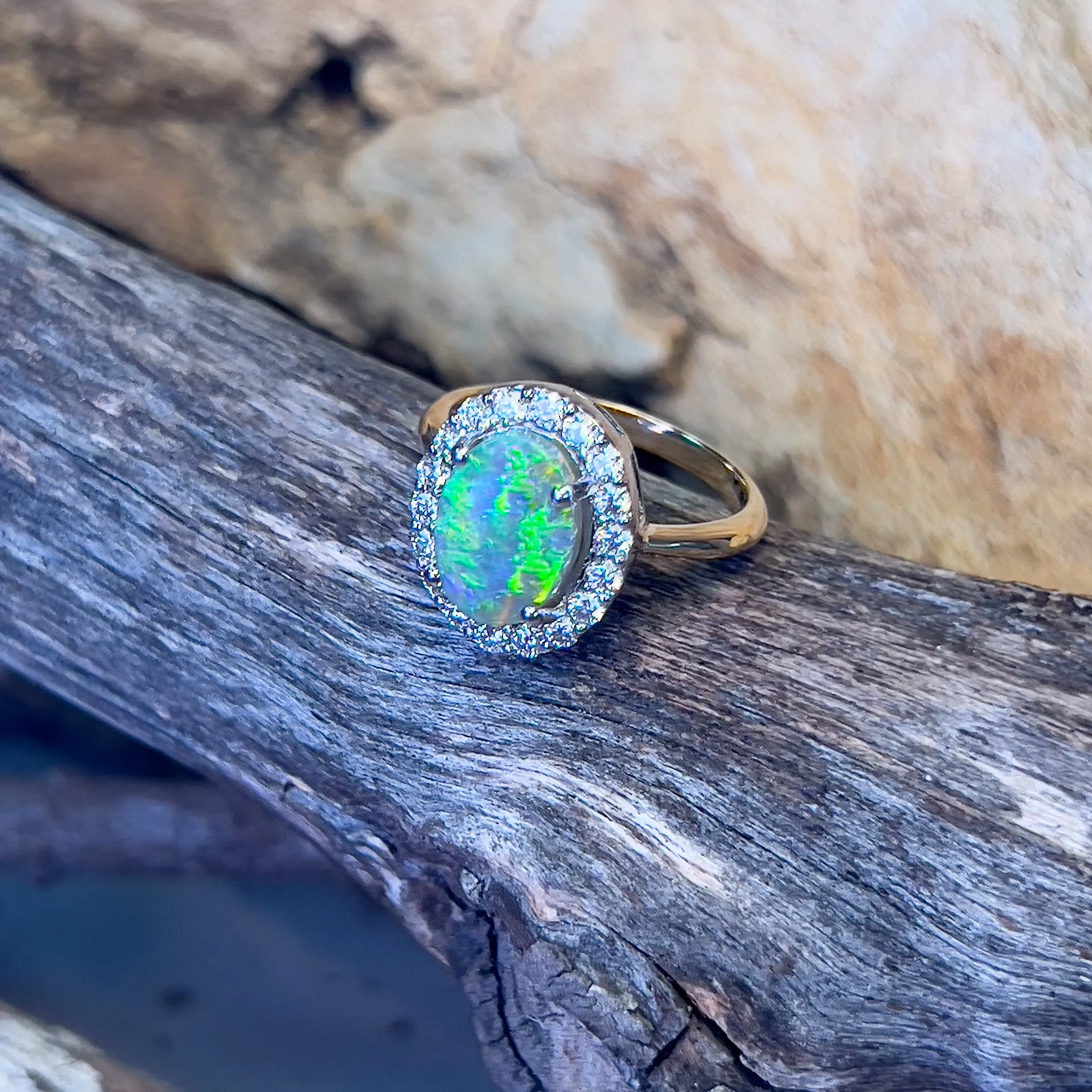 18kt Yellow Gold and Platinum Black Opal diamond cluster ring