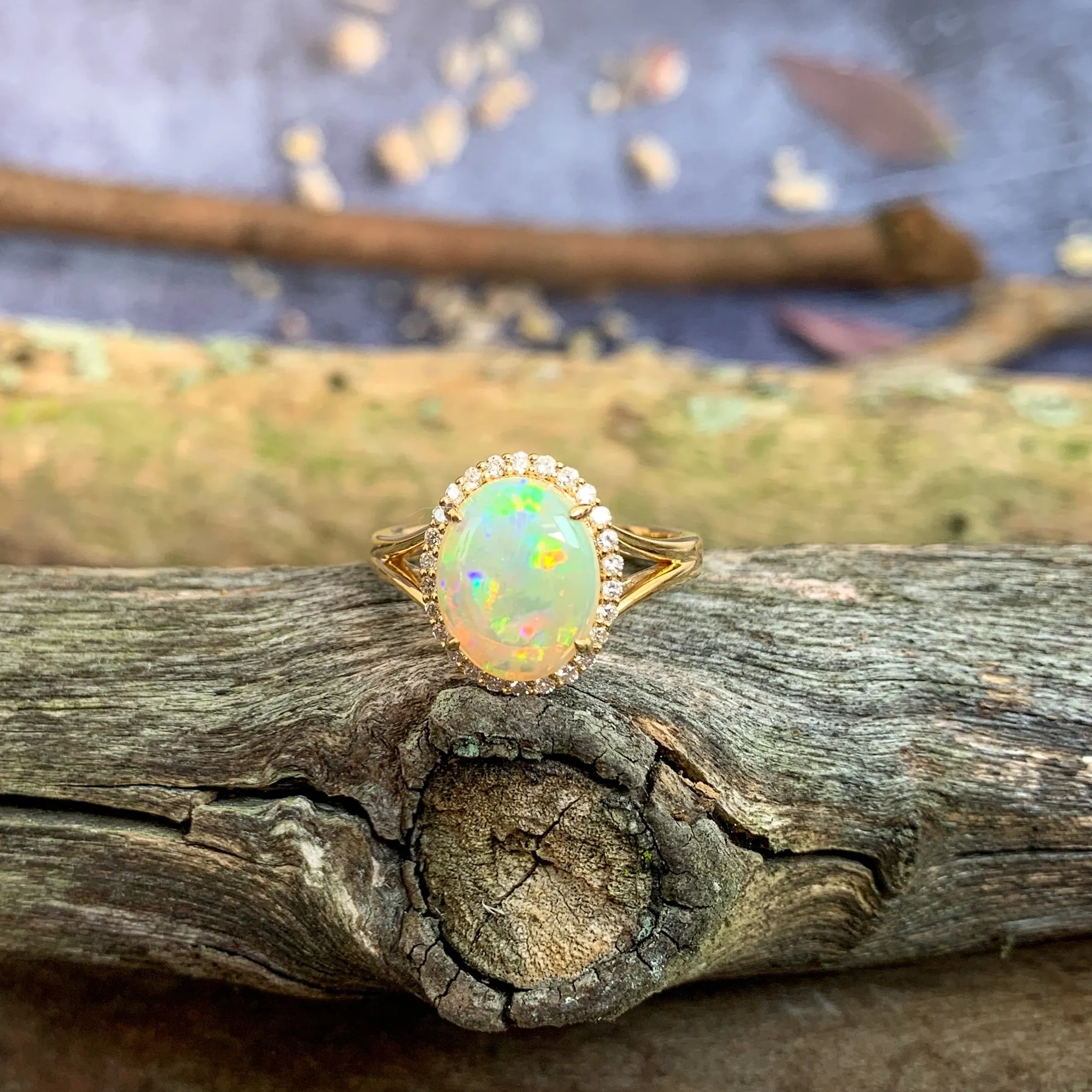 18kt Yellow gold halo cluster Light Opal and diamond opal enagagement ring