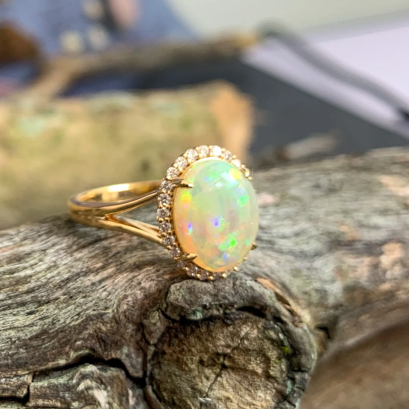 18kt Yellow gold halo cluster Light Opal and diamond opal enagagement ring