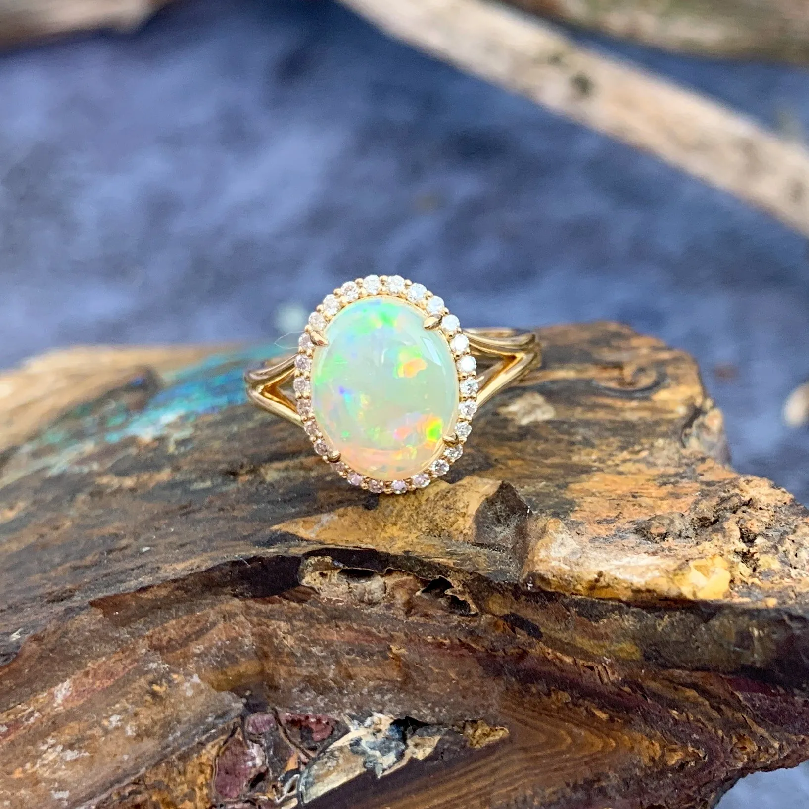 18kt Yellow gold halo cluster Light Opal and diamond opal enagagement ring