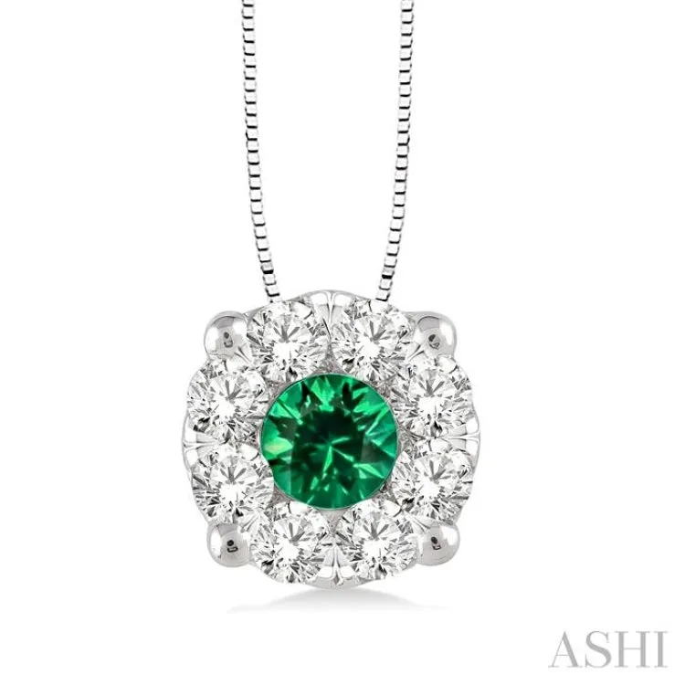 3.8 mm Round Cut Emerald and 1/3 Ctw Lovebright Precious Pendant in 14K White Gold with Chain