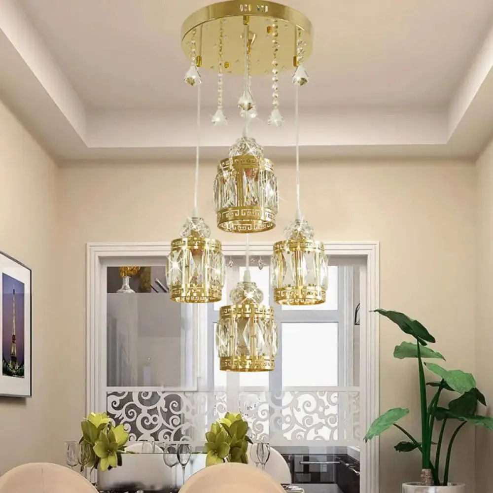 4-Bulb Gold Cylinder Pendant Light with Minimalist Design and Crystal Shade