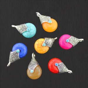 5 Assorted Color Antique Silver Tone Resin Drop Charms - E749