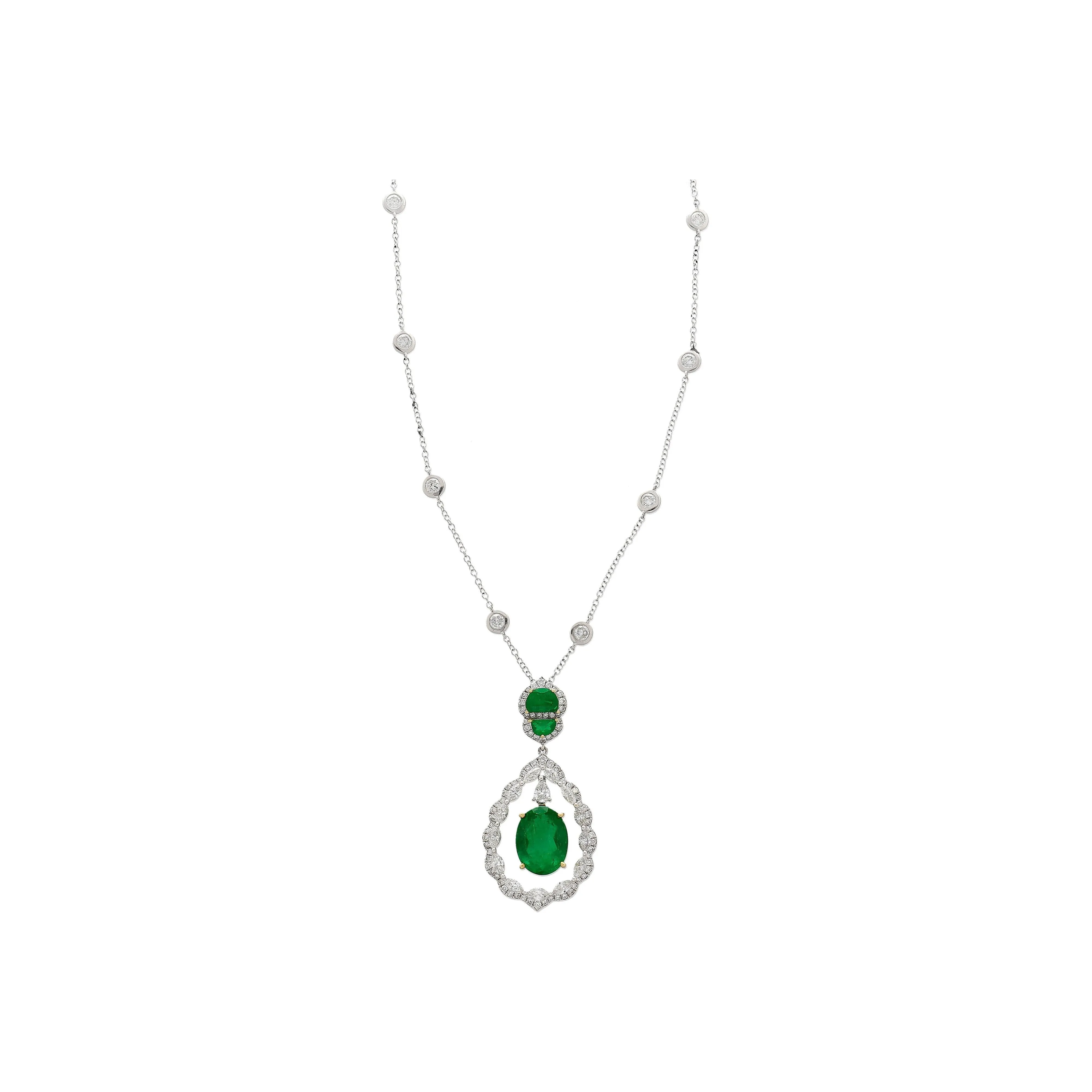 6.42 Carat Oval Emerald Drop & Diamond Halo Pendant Necklace