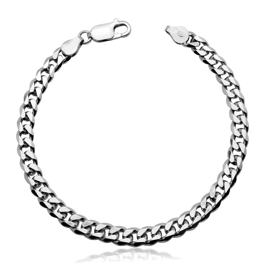 7mm 0.3 Men's Real Solid 925 Sterling Silver Cuban Chain Bracelet 9 inch