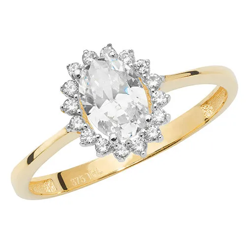 9CT GOLD HALO OVAL CZ RING