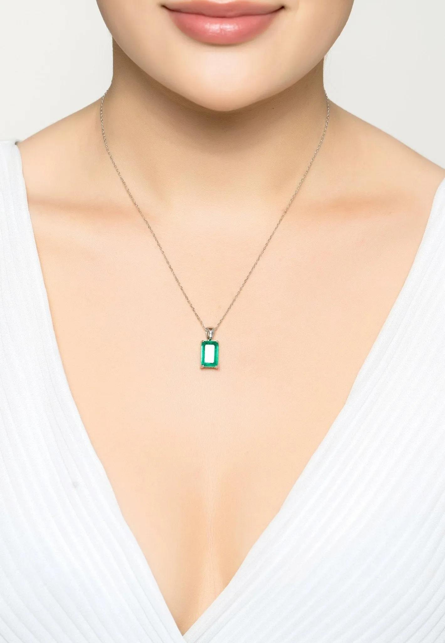 Alexandra Rectangle Gemstone Necklace Silver Colombian Emerald