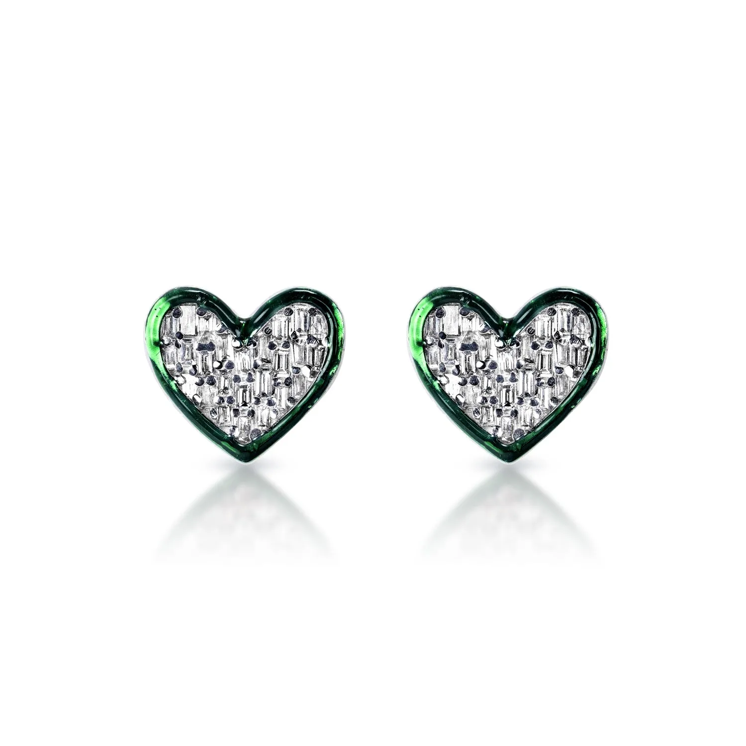 Alina Heart Baguette Cut Diamond Stud Earrings with green enamel in 14k White Gold