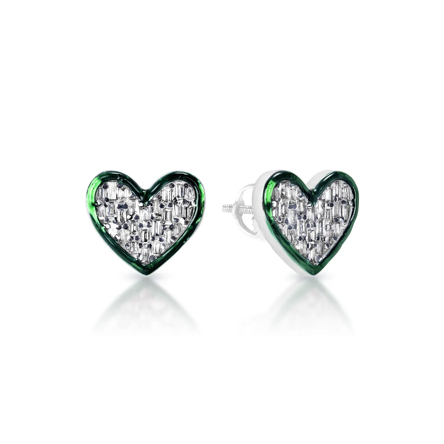 Alina Heart Baguette Cut Diamond Stud Earrings with green enamel in 14k White Gold