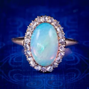 Antique Edwardian Opal Diamond Ring 15ct Gold 3ct Opal Circa 1901