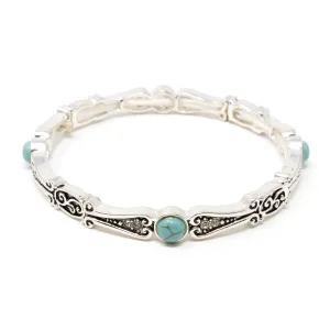 Antique Silver Tone Stretch Bracelet With Four Turquoise Stones