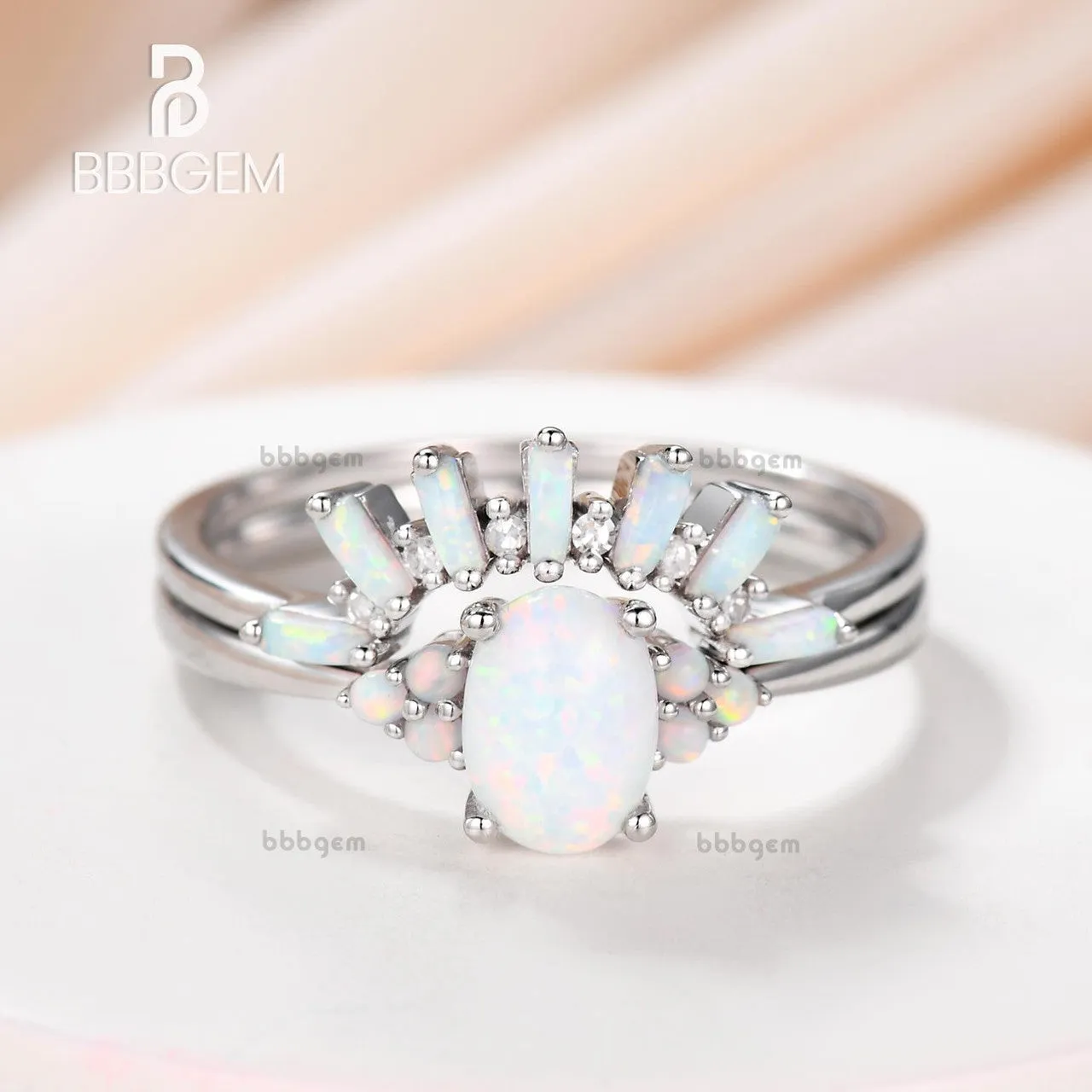 Art Deco Opal Engagement Ring Set Cluster Opal Wedding Set