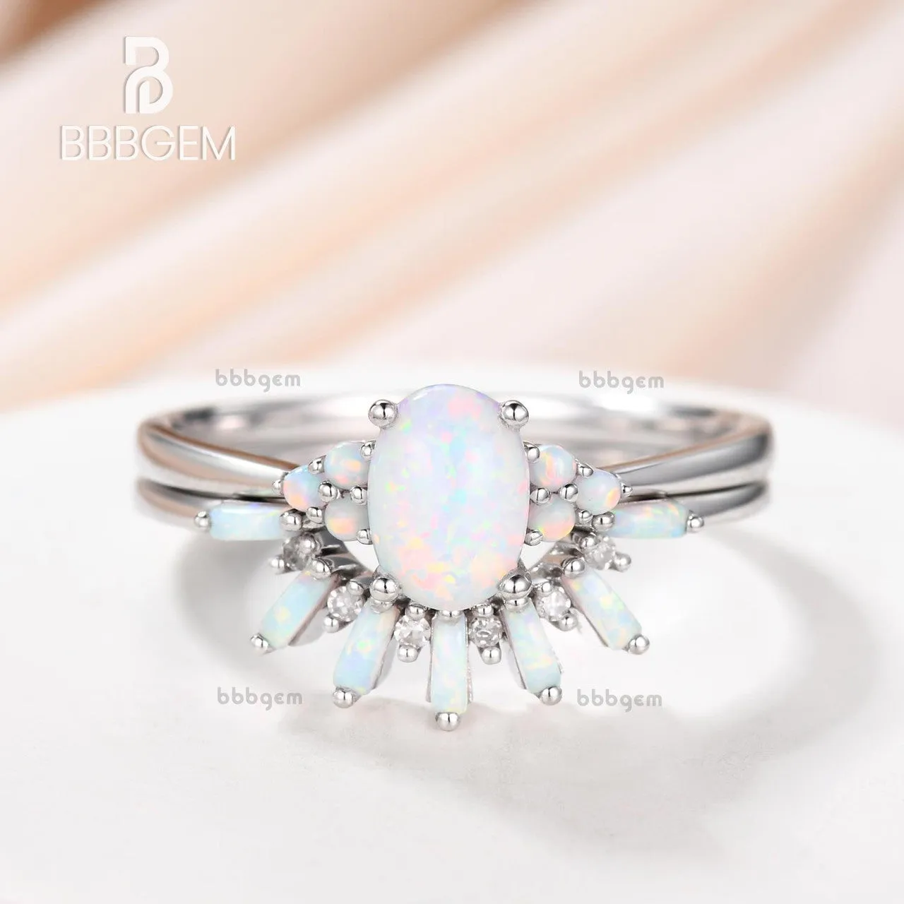 Art Deco Opal Engagement Ring Set Cluster Opal Wedding Set