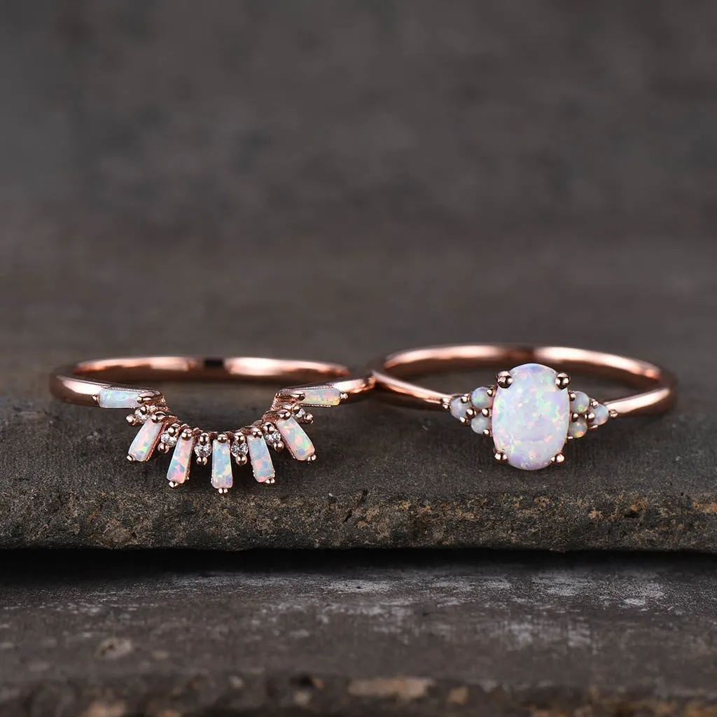 Art Deco Opal Engagement Ring Set Cluster Opal Wedding Set