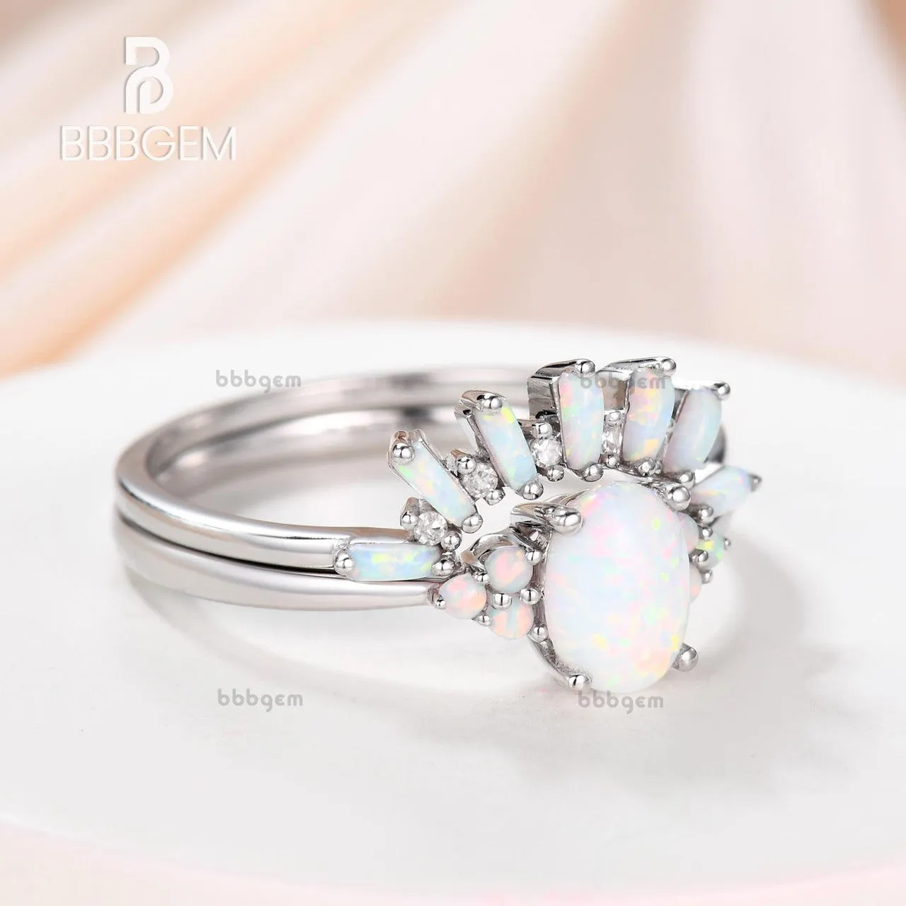 Art Deco Opal Engagement Ring Set Cluster Opal Wedding Set