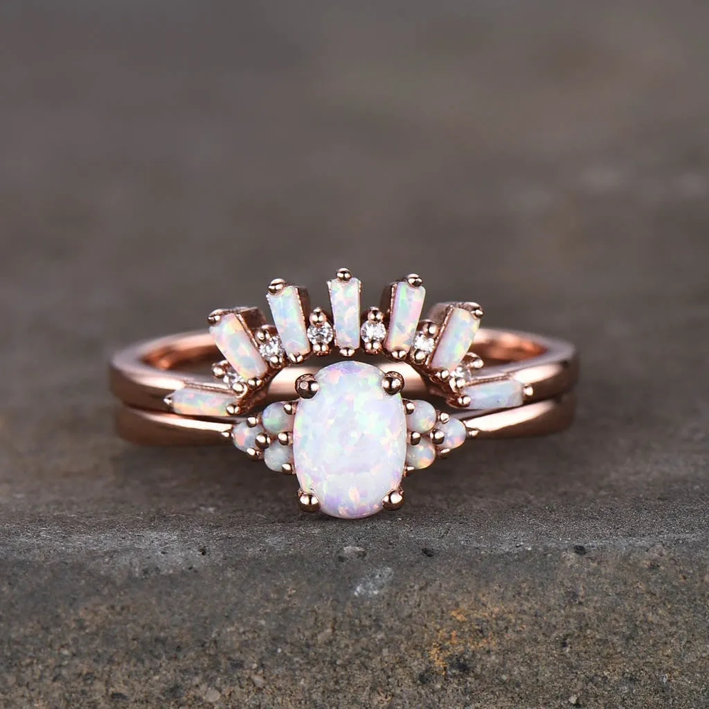 Art Deco Opal Engagement Ring Set Cluster Opal Wedding Set