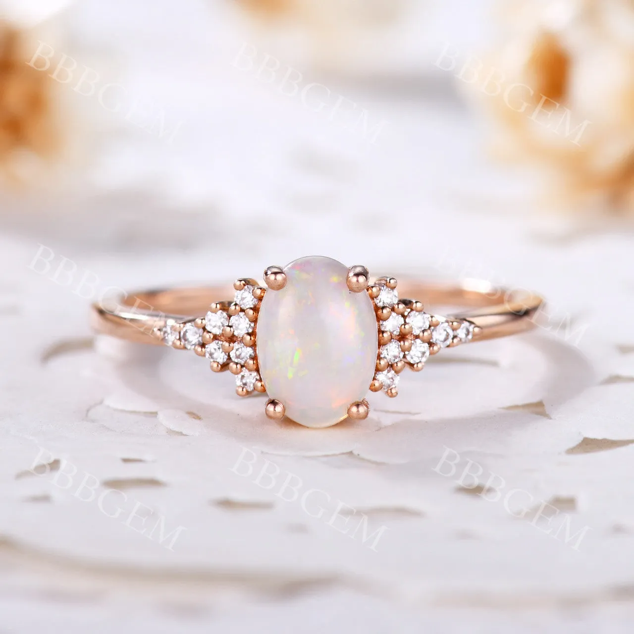 Art Deco Oval Cut Opal Engagement Ring Cluster Diamond Ring Rose Gold