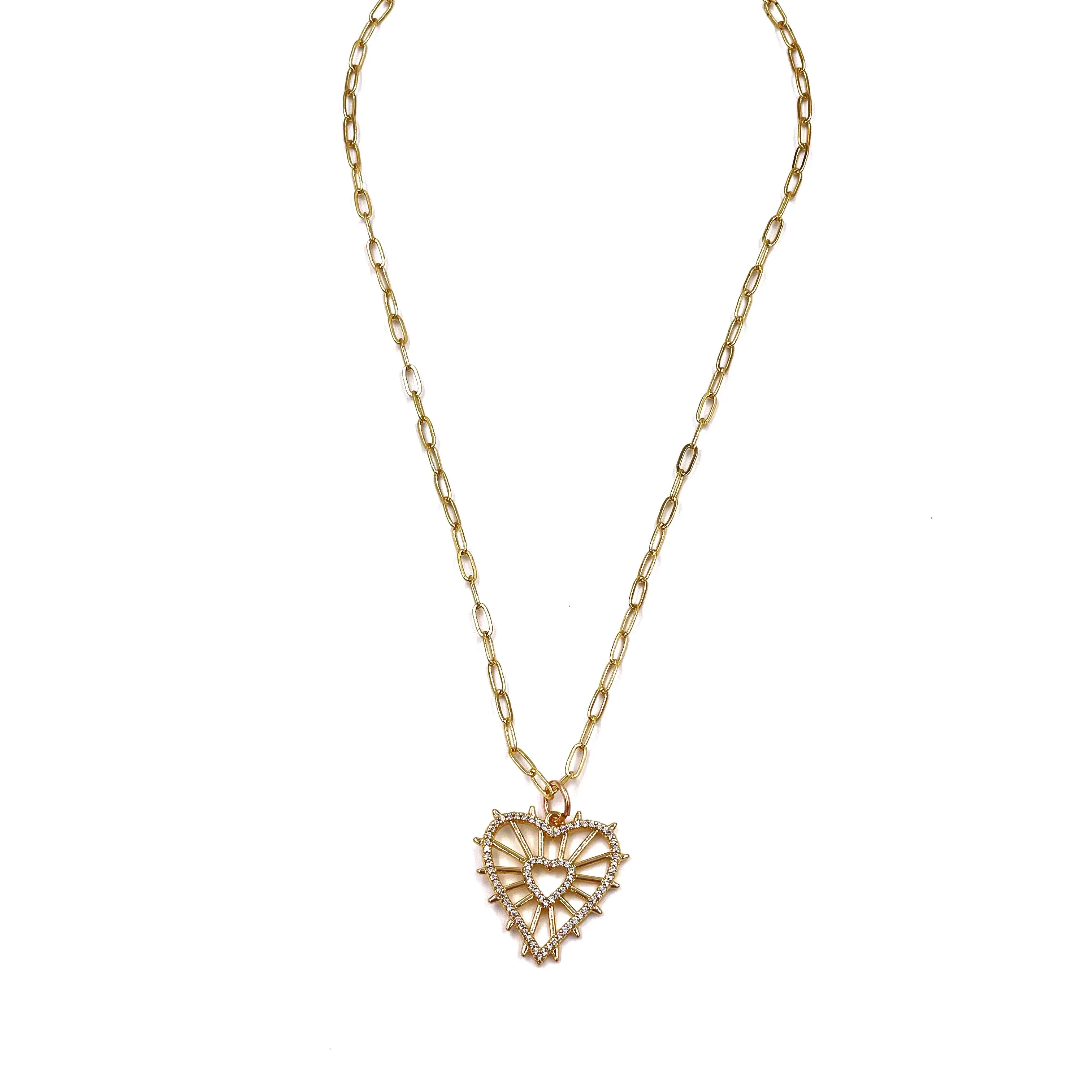 Ashley Gold Stainless Steel Open Lace Heart CZ Drop Necklace