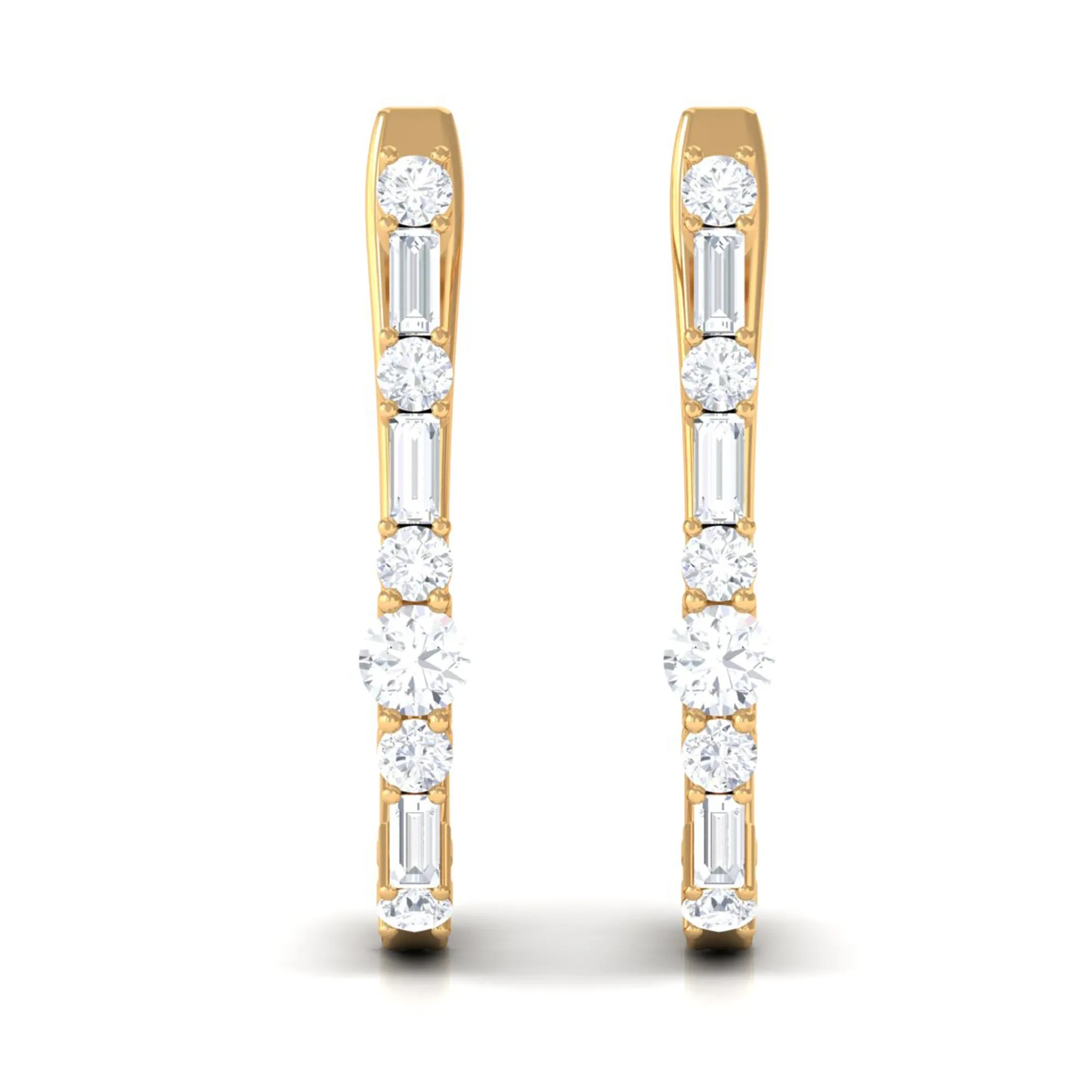 Baguette and Round Cut Diamond J Hoop Earrings