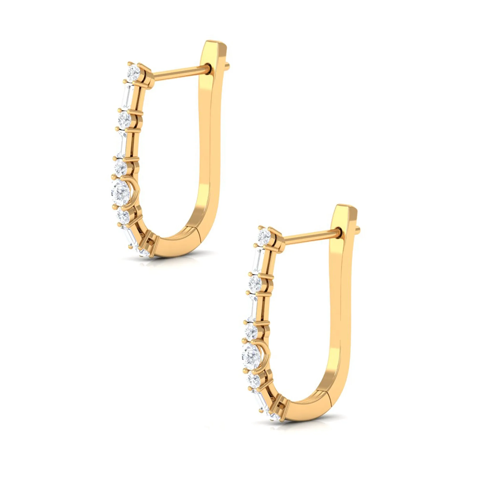 Baguette and Round Cut Diamond J Hoop Earrings