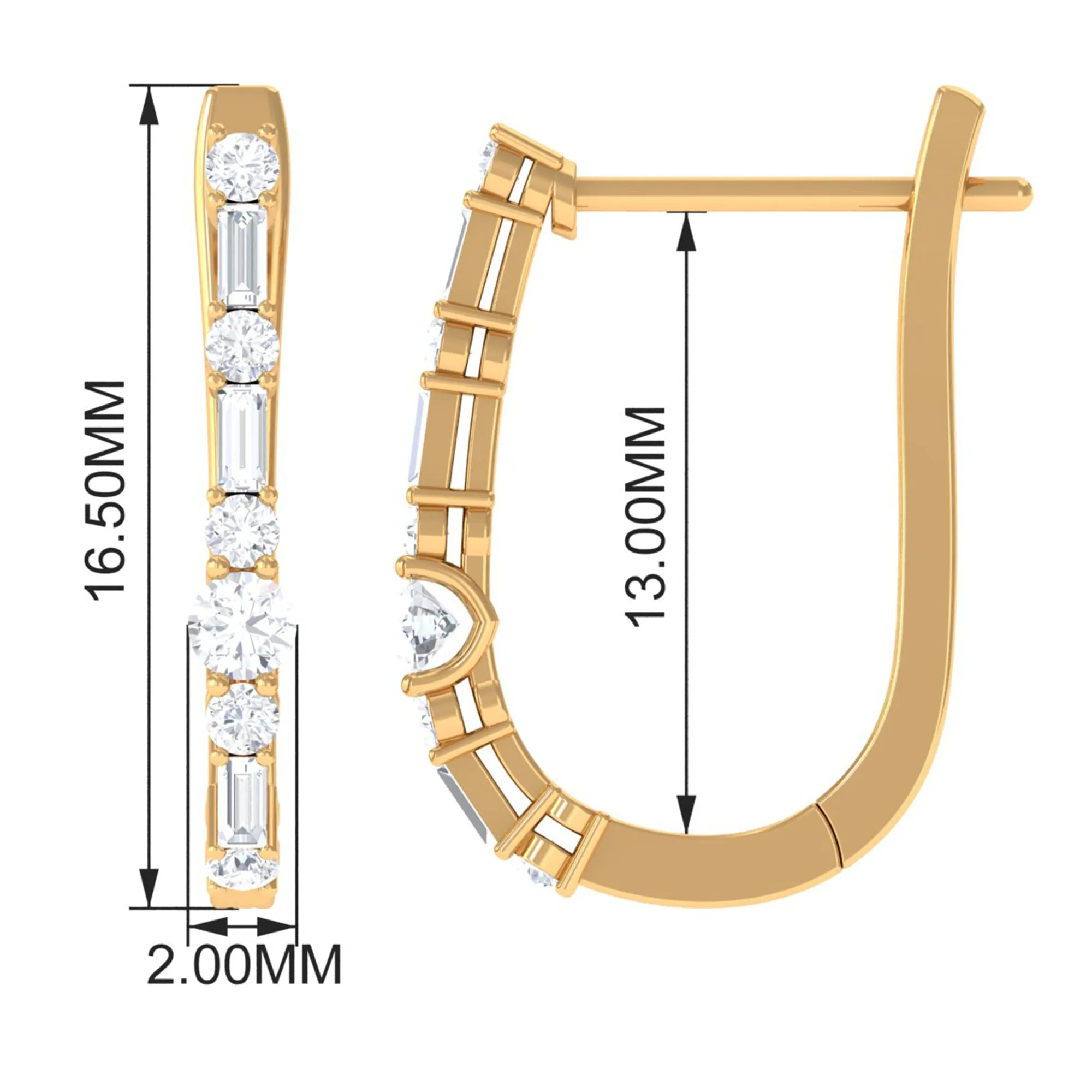 Baguette and Round Cut Diamond J Hoop Earrings