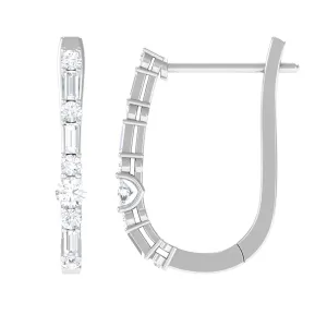 Baguette and Round Cut Diamond J Hoop Earrings