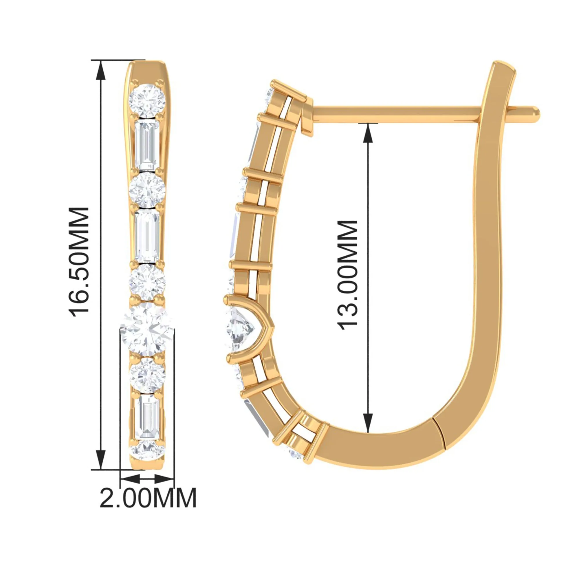 Baguette and Round Cut Diamond J Hoop Earrings