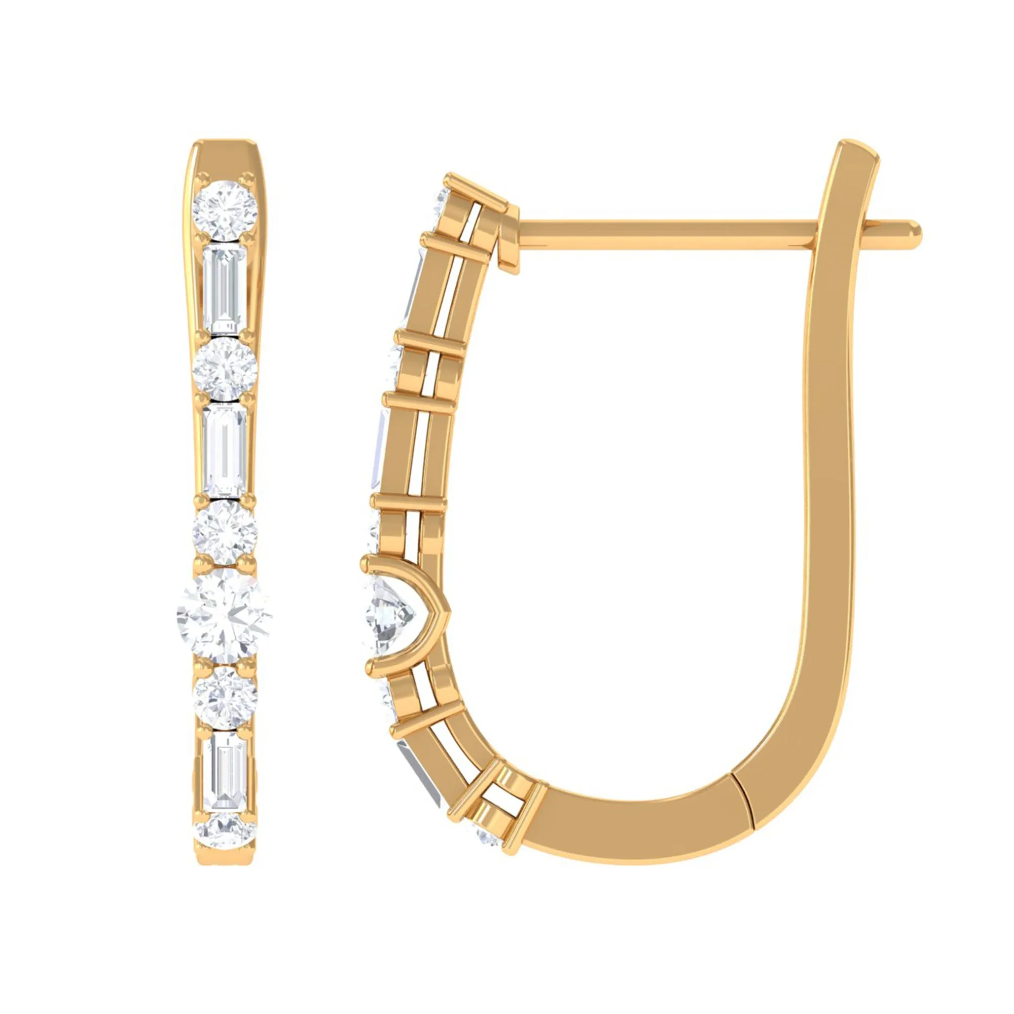 Baguette and Round Cut Diamond J Hoop Earrings