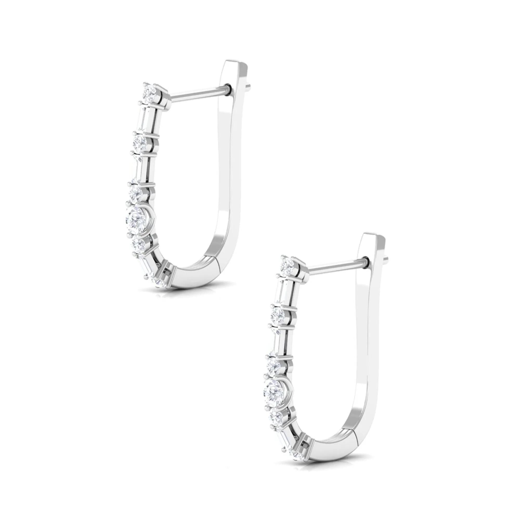 Baguette and Round Cut Diamond J Hoop Earrings