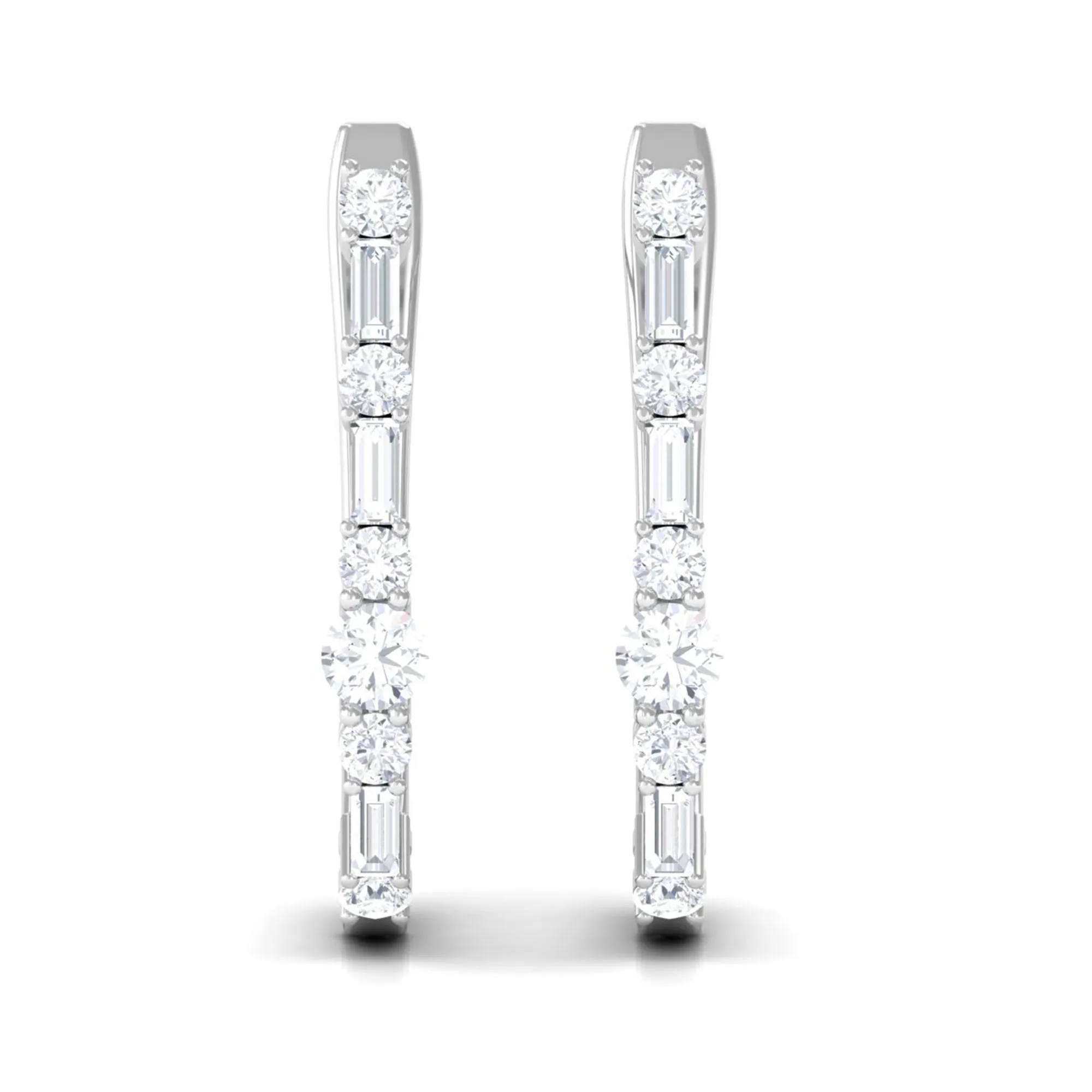 Baguette and Round Cut Diamond J Hoop Earrings