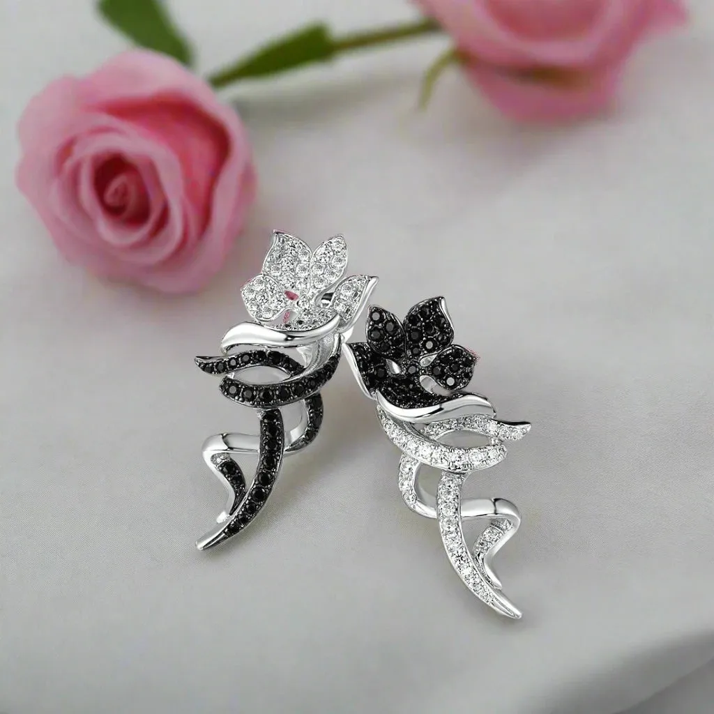 Black and White Diamond Flower Clip Earrings